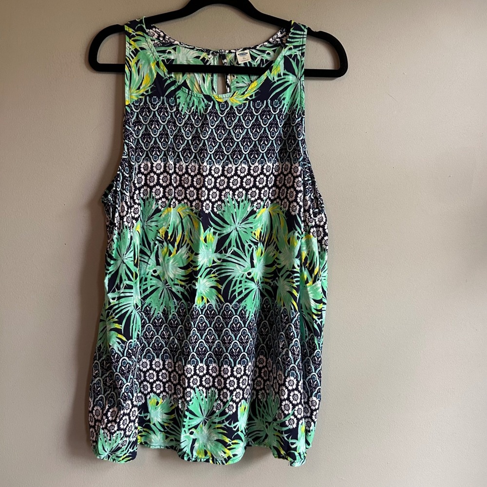 Old Navy Womens XL Tropical Palm Geometric Floral Rayon Keyhole Tank Top Green
